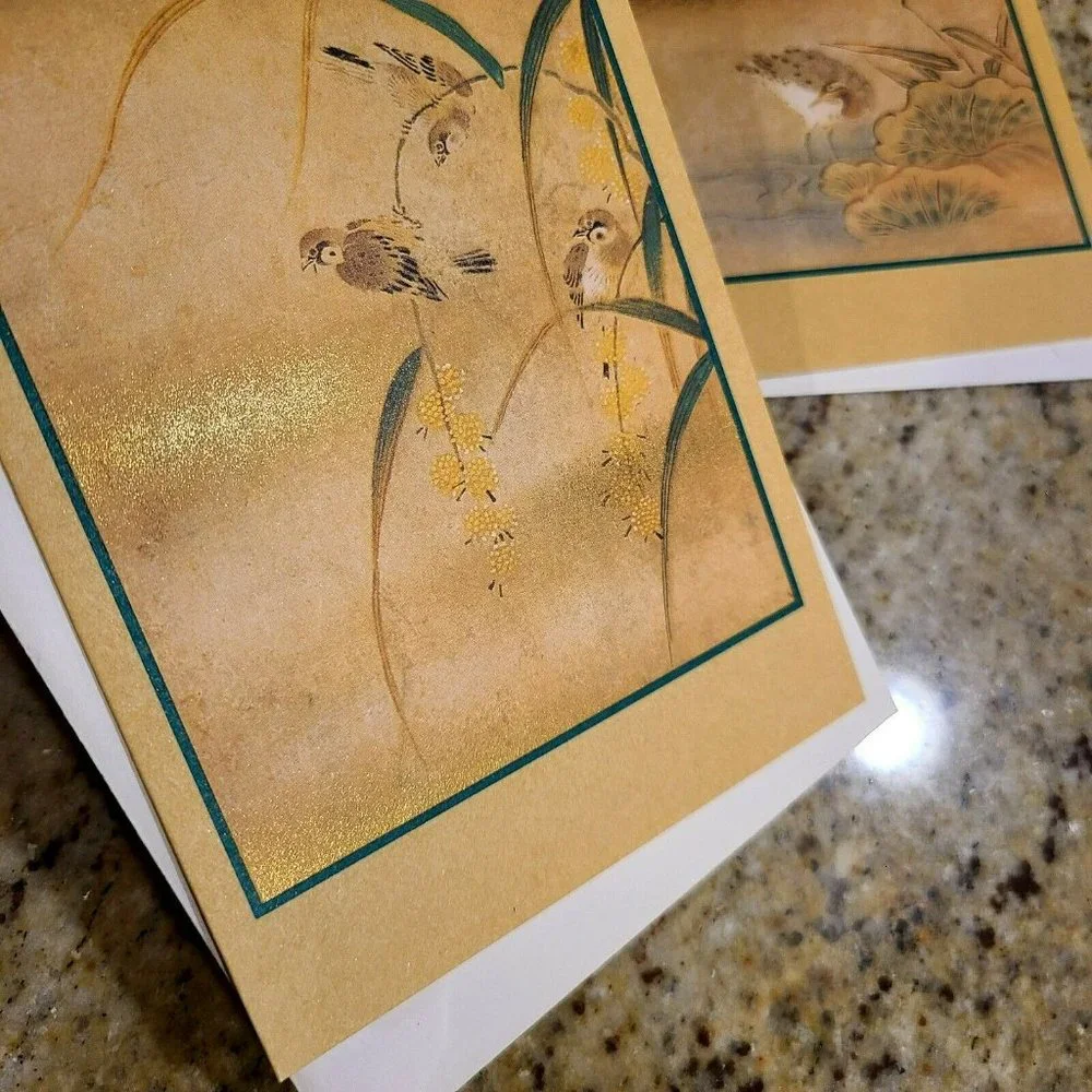 3 Kano Tanyu Blank Cards. Shimmer. Butterfly Mallow, Sparrows, Crane Lotus Pond